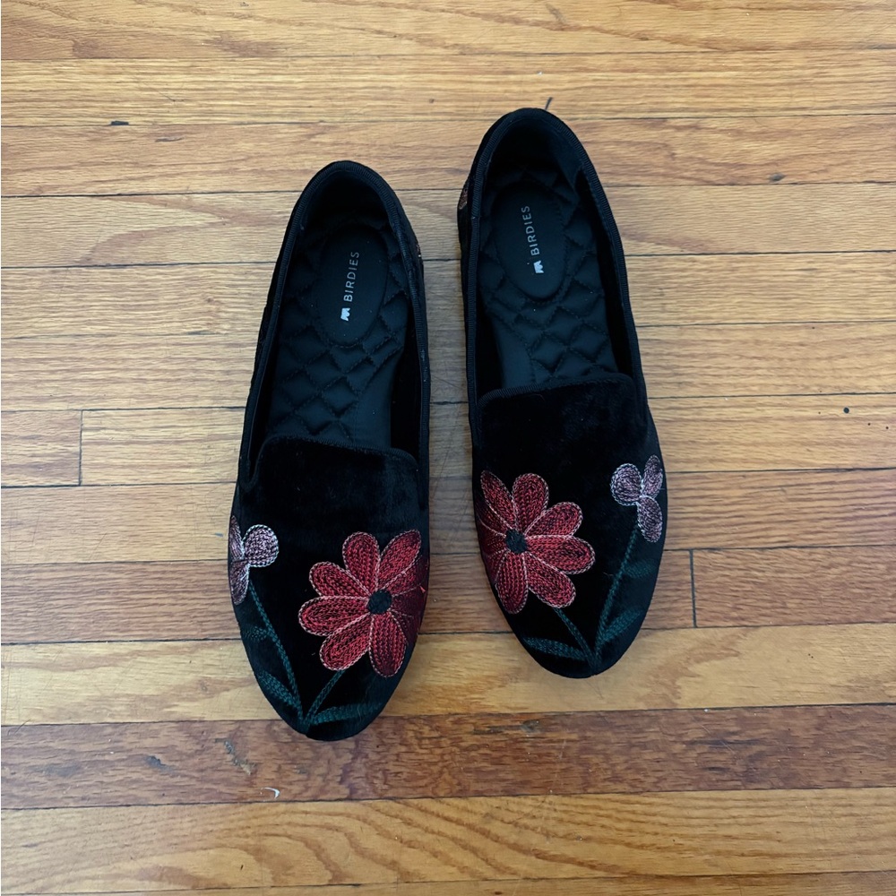 Birdies Black Velvet Starling Loafers with Colorful Floral Embroidery size 8.5